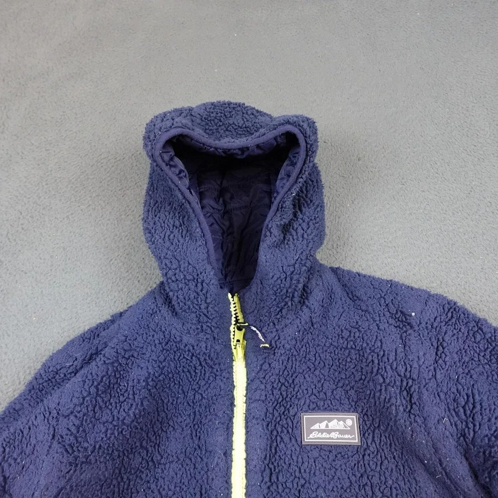Eddie Bauer Jacket Kids Medium 10/12 Blue Reversible Hooded Sherpa Puffer